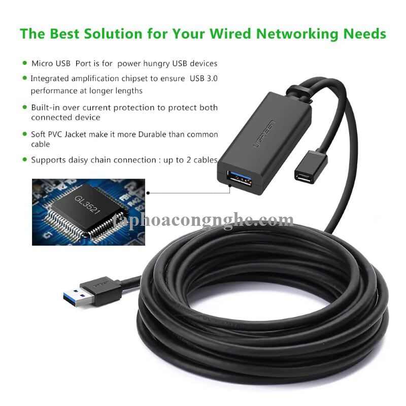 Ugreen 20827 10M màu Đen Cáp tín hiệu nối dài USB 3.0 hỗ trợ nguồn MICRO USB US175 30020827